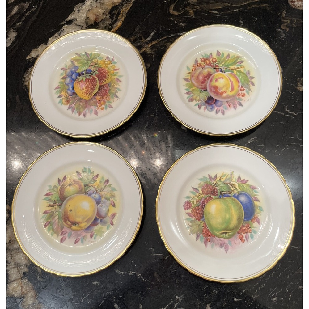 Rare Vintage ROYAL CHELSEA Bone China Plates with Fruits 8" Set Of 4 Signed